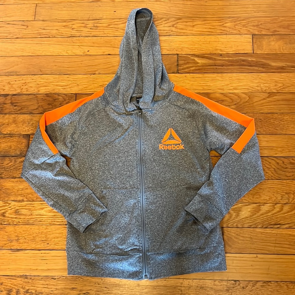 Gray and bright orange Reebok zip-up hoodie